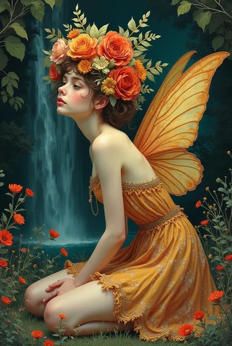 detailed beautiful vintage masterpiece style of Vixsin, Ceccoli Rockwell, Klimt, beautiful fairy made of vividly colourful flowers, dryad creature, fairy flowers wings, kneeling in forest, waterfall, perfect anatomy, happy creature portrait , flower dress,...