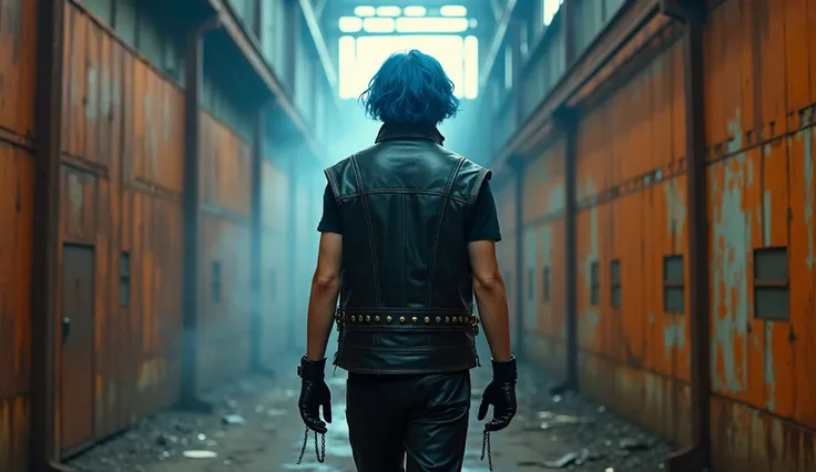 Prompt (Modified):
A 24-year-old Korean boy with striking blue hair styled in soft, wavy layers is walking alongside a rusted metal wall inside an abandoned industrial warehouse. His back is turned to the viewer, showcasing his square shoulders and sleek, ...