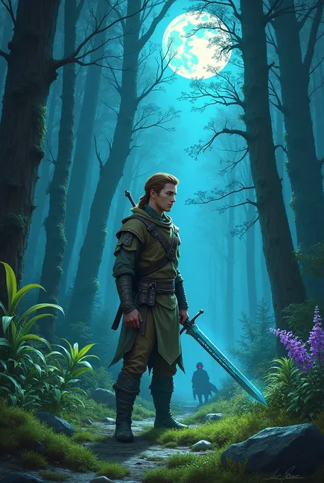 In a mystical, moonlit forest with towering trees of iridescent blue bark, a lone warrior with green eyesstands, his chestnut-brown hair tied back and dressed in an earth-toned leather tunic. He wields a shimmering silver sword, its blade etched with glowi...