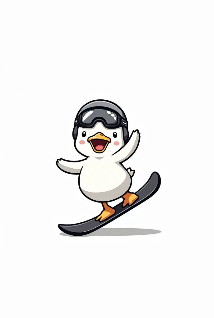 White base ,  black line only , Duck on a snowboard, cute duck, Hurray posture, Wear a helmet, Wear goggles