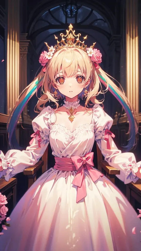 (8k, top quality, masterpiece : 1.2), Ultra-high definition ,,  Marie Antoinette  ,  super detailed face ,fine grain,  just the entrance to the basement of the castle  ,( blonde alone ),  long hair,  wavy hair  , break,Rococo Ruffle Dress,Long sleeve dress...