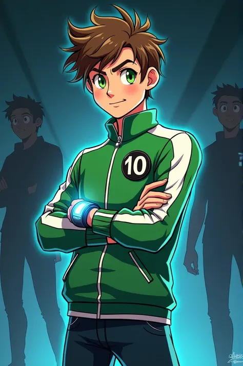 "Create a vibrant cartoon-style illustration of a teenage boy hero, wearing a futuristic green jacket with white stripes and a black circular badge labeled 10. The character has short brown hair, green eyes, and a determined expression. He is standing with...