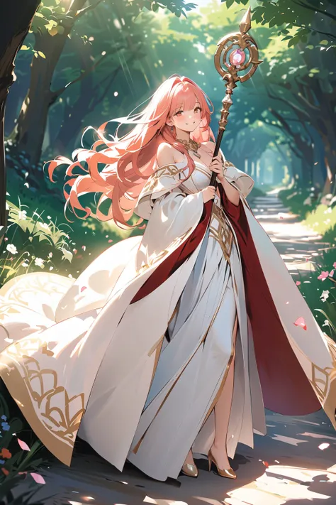 1 girl, (joyful face), young adult, long flowing hair, (wearing a magical robe with intricate patterns), medium breasts, slender, (holding a staff adorned with crystals),  
BREAK  
flower petal-filled path, vibrant flowers surrounding her, soft sunlight fi...