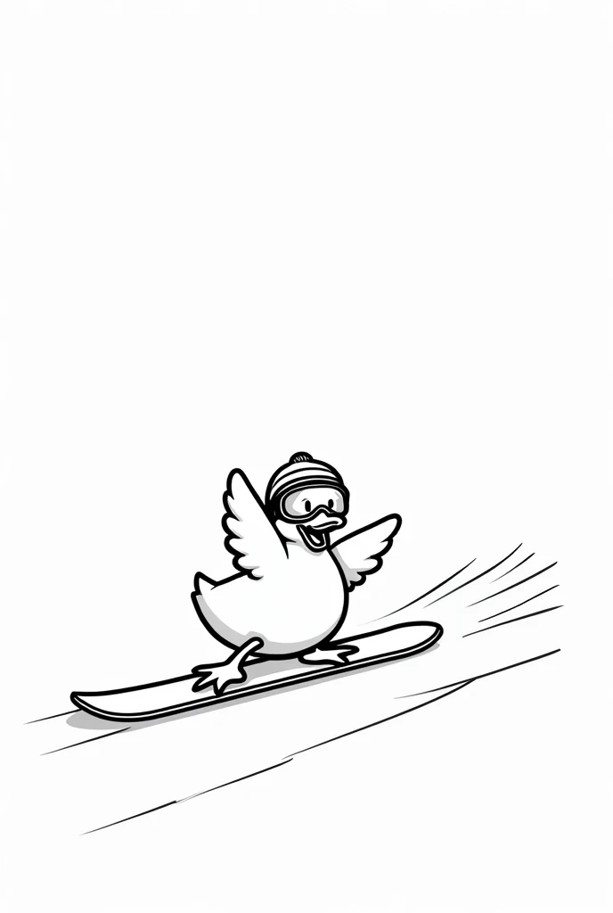 White base ,  black line only , Duck on a snowboard, wonderful, cute duck, Hurray posture, Wear a helmet, Wear goggles