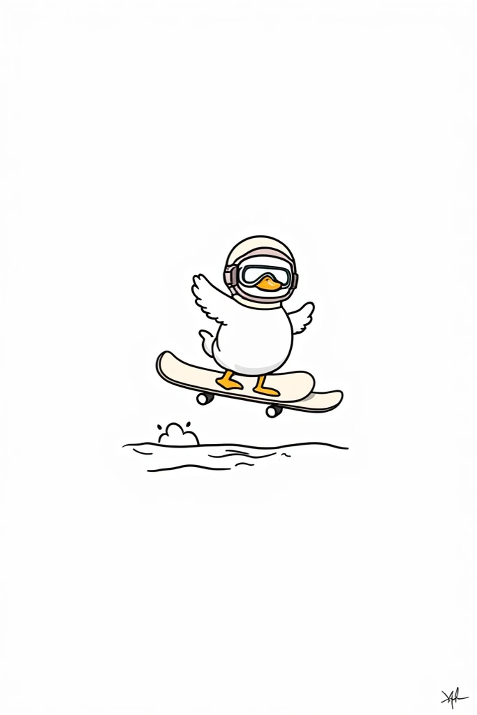 White base ,  black line only , Duck on a snowboard, cute duck, Hurray posture,  wear a helmet and goggles