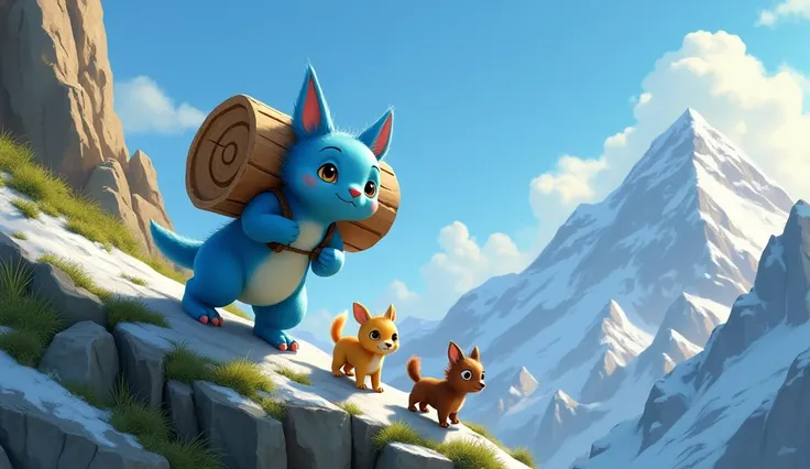  that scene where Blue tries to climb up the mountain with a large piece of wood on his back. The old friendly animals around him support him with their heartwarming glances . Draw in animation style but realistic.