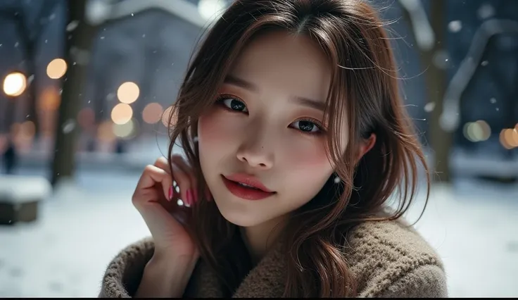 (masterpiece,  best image quality , 8k), Real photo,Idol appearance,  mature adult,  perfection of fashion,  Korean Makeup, Lip Tint, faint smile,Realistic, Solo, female,No hair accessories,초Realistic인, dramatic scene,Global Lighting, On a snowy night in t...