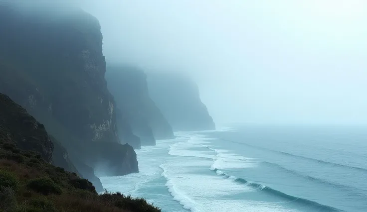 Winter at the Garden Route: A misty, tranquil coastal landscape, with towering cliffs rising above the ocean. The cool winter air brings a refreshing crispness to the misty morning views.