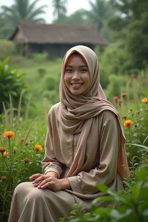 Magazine cover of a beautiful woman wearing a slightly fat indonesian hijab. Sitting in the garden In the countryside of a village in the beautiful nature of the archipelago