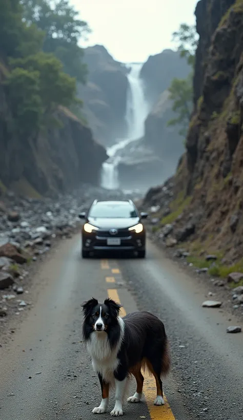 A realistic scene of a Border Collie dog standing confidently in front of a Toyota car on a narrow mountain road. The depicts a dramatic landslide, with rocks and debris cascading down the mountain. The setting includes detailed textures on the dog’s fur, ...