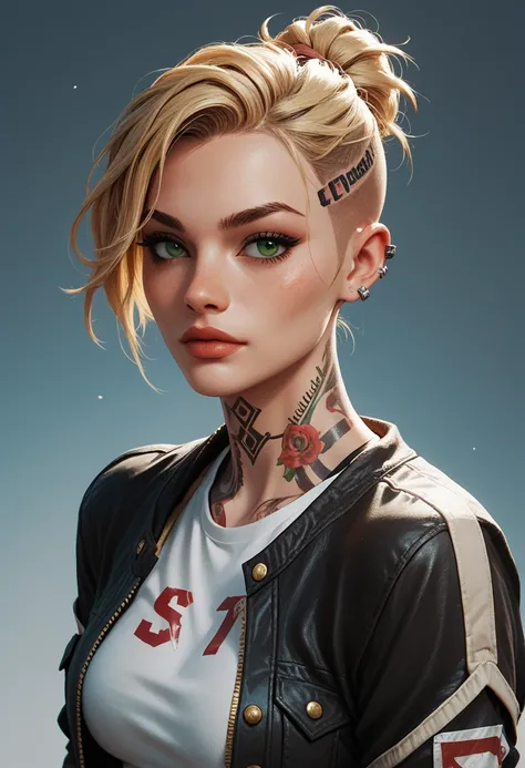 MEJack, 1girl, honey blonde hair, green eyes, messy bun hairstyle, undercut hairstyle, tattoo