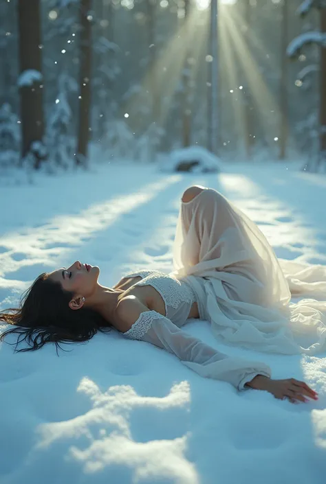 A surreal concept portrait of a hot woman from india posing as a snow angel, her dress trailing into the frost-covered ground, serene, divine, icy, seductive, alluring, surreal, soft romantic lighting, at a snow-laden forest under falling snowflakes, early...