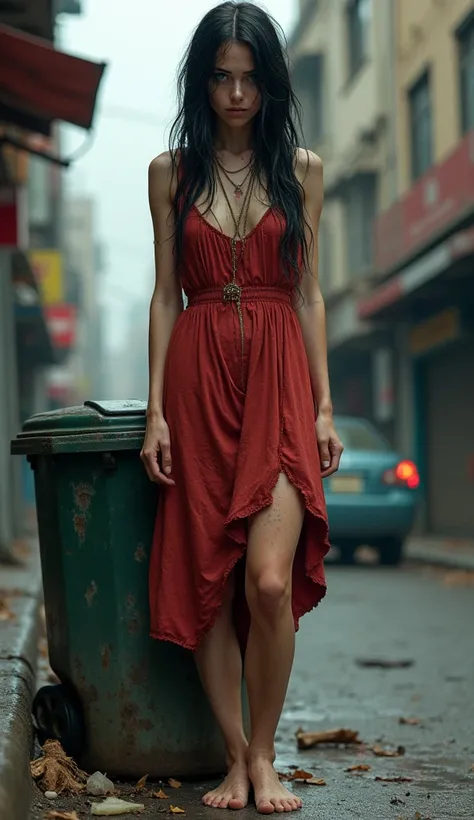 A Very Realistic Beautiful Dirty Woman With Black Hair And With Very Realistic Blue Eyes And A Very Realistic Dirty And Ripped Red Dress And Barefoot And Standing On The Side Of A Very Realistic Trash Can In A Very Realistic Beautiful City 