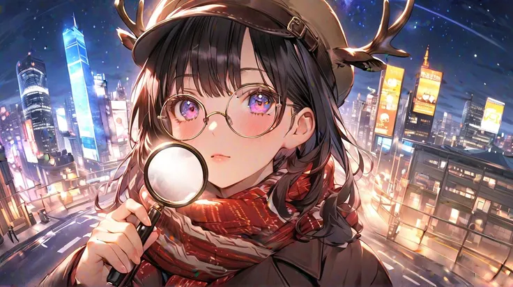 (masterpiece,  top quality), extremely   Details CG unity 8k wallpaper,  fisheye lens,  ultra-fine illustration  , (  Details_face:1.2), fisheye lens,  resting 1 girl, long dark hair , warm scarf , small breasts, (Colorful expression), Rainbow Eyes,  Anime...