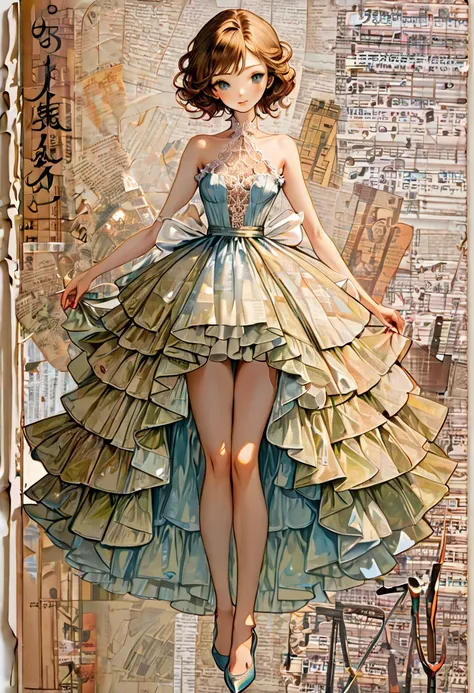   ultra-detailed alcohol ink painting of a beautiful woman 、 vintage script paper patchwork 、Stress-free mixed media masterpiece 、Ephemera、Torn cardboard、Vintage Newspaper、 Vintage Sheet Music 、sealed、 dress made with paper ruffles and life size delicate l...