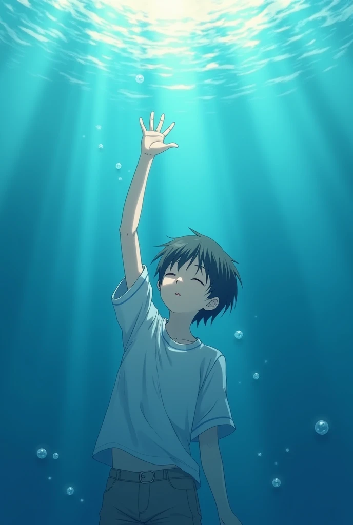 Anime boy close eyes  with hand that want to reach up drown down into beautiful sea