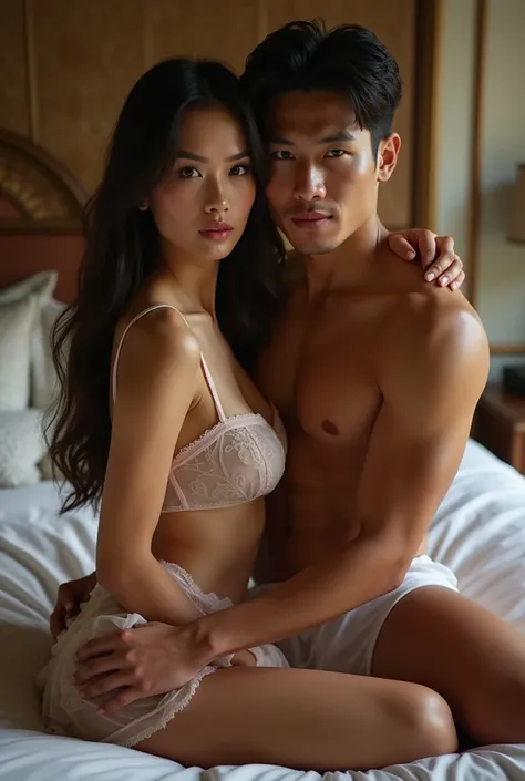 Beautiful Indonesian woman exotic skin with curvaceous body wearing transparent satin nightwear lying on soft bed with handsome man in luxury room., Both faces are looking at the camera like Selvi ,sexy looking picture with flirty face pose,looks stunning,...