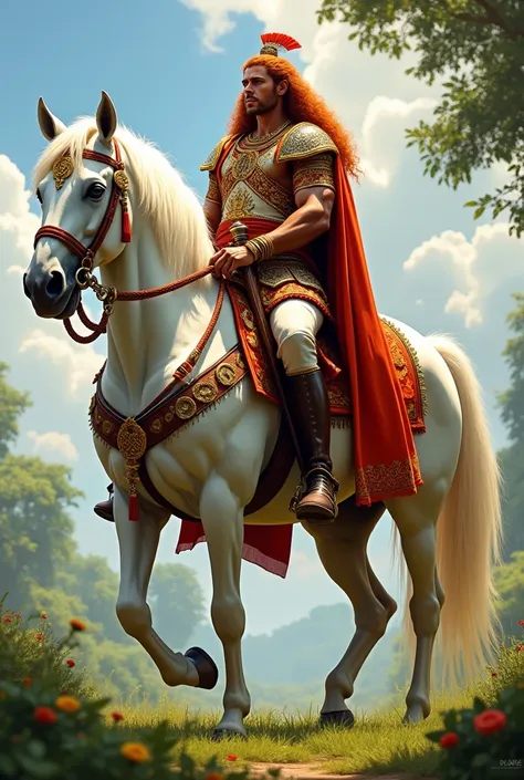 A muscular man, knight, with a wealthy clothes on sitting on a white horse, he looks like a king, chocolate skin, ginger, hansome and with some weapons, make more indian and with longer hair