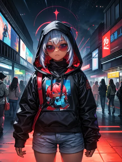 Spectacular Scene, The art is 、Colorful , Unique Clothes ,  Dark Skin Elves.  characters wear various styles of clothing  ,  including hoodies and sunglasses ,  creating a modern and urban aesthetic  ,  of individuals wearing art Im drawing a group, but 、 ...