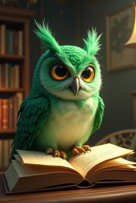 green owl telling story book for rens