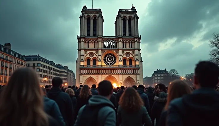 "A realistic depiction of a crowd standing in front of Notre-Dame de Paris, looking shocked and terrified. The scene captures expressions of fear and disbelief as people react to an unseen event. The gothic architecture of the cathedral looms in the backgr...