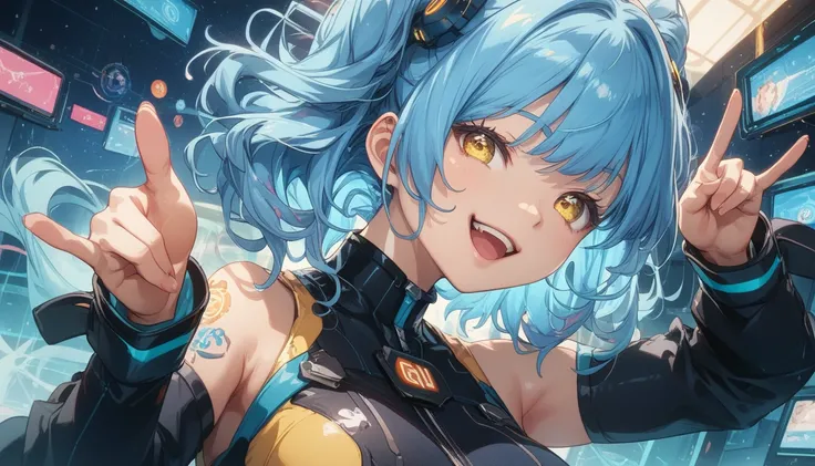 side view, long mid shot of a beautiful blue-haired anime girl happy gesture, feautring in an AI-powered world with a futuristic digital data-filled background. She has medium-length hair that shines like stars, large yellow color eyes, and wears a black t...