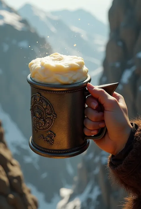 A delicate female warriors hand toasting with a Viking mug with milk inside 