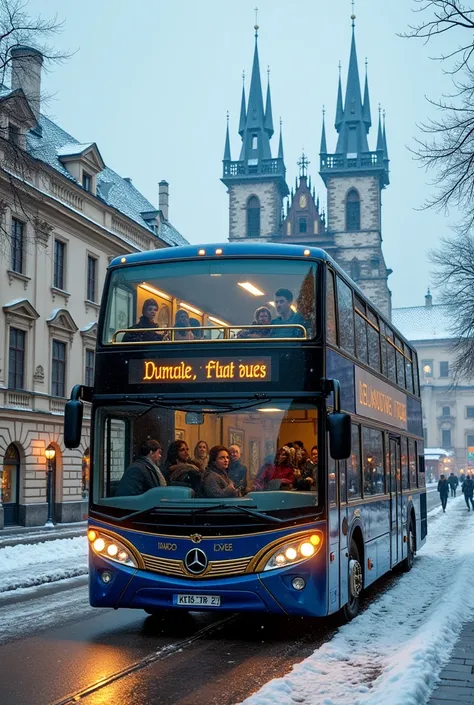 Create a photo of a big bus with the best sights in Prague in winter