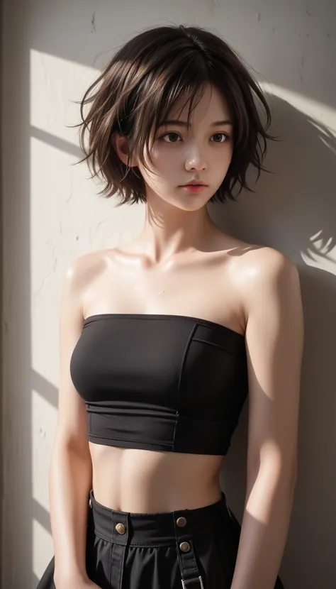 a beautiful detailed portrait of a 16-year-old Japanese girl, short bob haircut, medium breasts, messy hair, healthy looking, sexy expression, tight fitting clothes, daring pose, detailed embroidery, midriff exposed, Tube Top, Garter Belt, high quality, 8k...