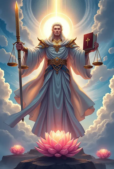 GOD OF JUSTICE WITH 4 HANDS HOLDING SWORD HOLDING BIBLE HOLDING SCALES HOLDING LOTUS IS MALE ANIME