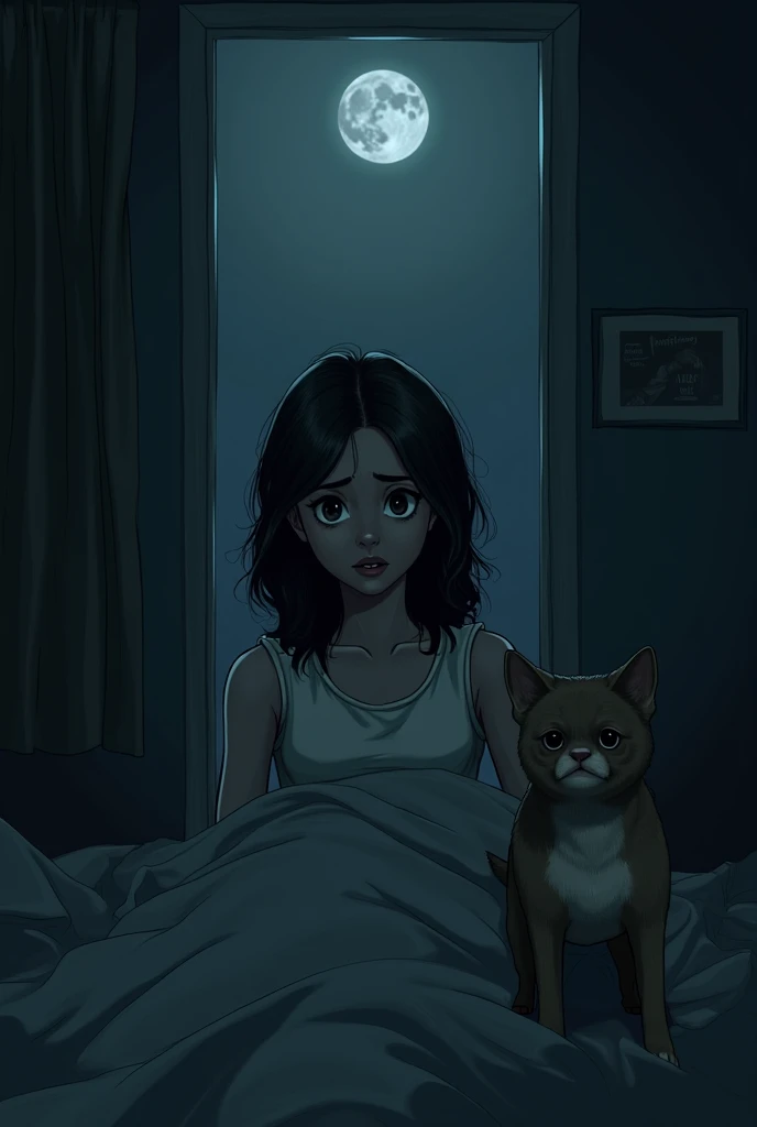 Frame 4: the night, The Sound of Footsteps

Image :  Dina wakes up in the middle of the night , looks scared ,  while Momo grunts and stands by the door.
text: "One night ,  Dina hears the sound of slow footsteps ..."