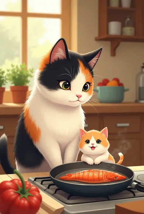 Cat cooking fish for her baby cat