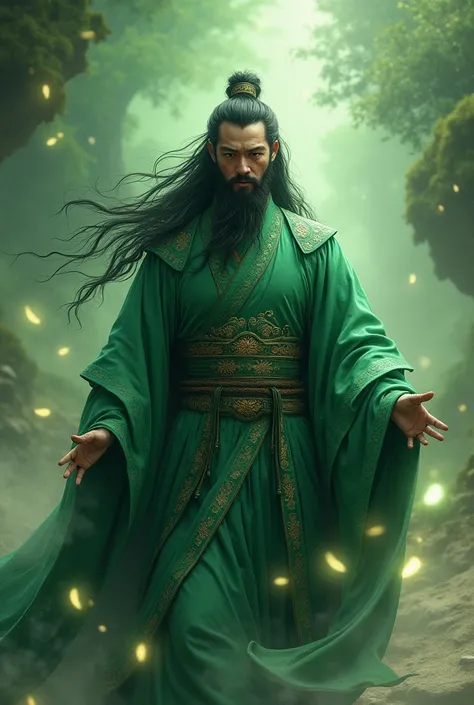 A grown Chinese guy with long black curls and hair in green huanfu