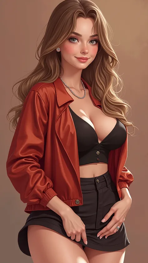 ((Art board, Top quality)),   The joint  ,  full body,  full of details , High detail, Deep ,  one girl, brown hair, ombre hair, black short blouse, black skirt,  smiles ,  simple background ,  wide hips , Huge breasts, Breast enlargement 