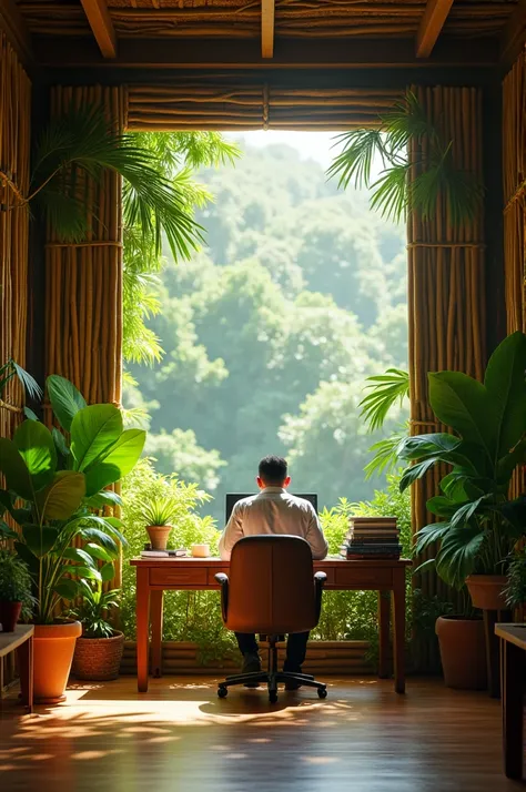 a malaysian minister doing his work in a office made of wood and leaf in the depth of sabah jungle