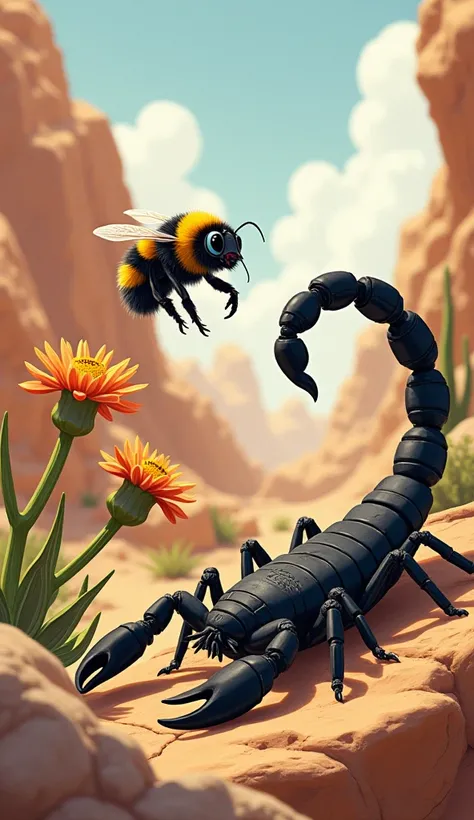 "A highly detailed and realistic illustration of a bumblebee and a scorpion sharing a single frame in a natural setting. The bumblebee is hovering near a vibrant flower with its delicate wings in motion, while the scorpion is resting on a rugged rock surfa...