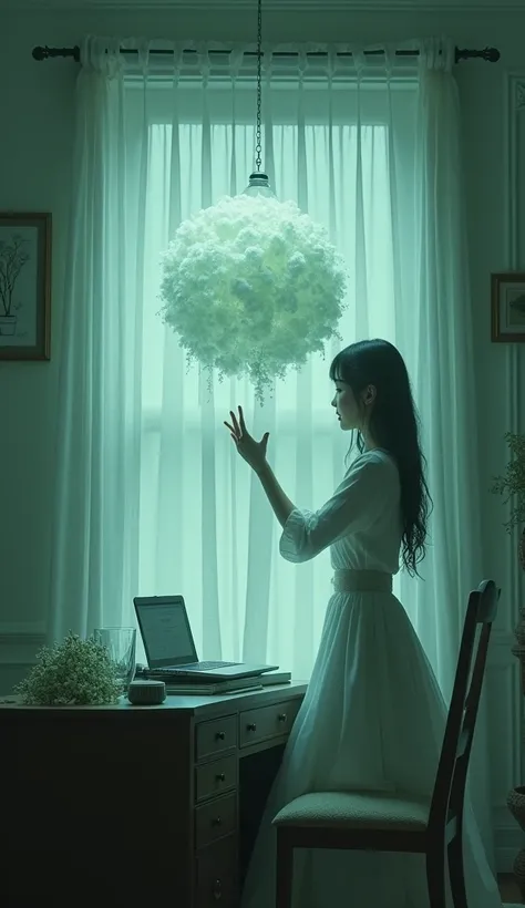 Realistic、Im in a real room 、 and theres an enigmatic presence on my desk like a delicate, fluffy sphere、 the atmosphere is like a dream 、 the woman is reaching out 。green and blue 、 the subdued tones of white are in harmony 、 Please finish it with a work ...