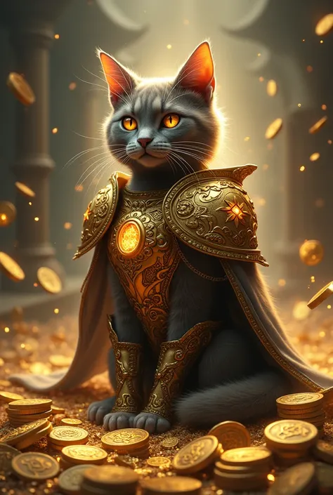 Cat in a set of 12 armor ,  magic style many coins gold many fortunes