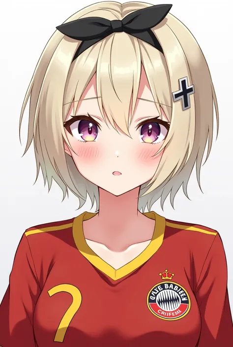   Azur lane Z23 is a girl of short stature and medium bust.  She has short platinum blonde hair with a black ribbon ,  with an iron cross motif , and she has piercing Violeta eyes ,  with a red and yellow Bayer Munich shirt 