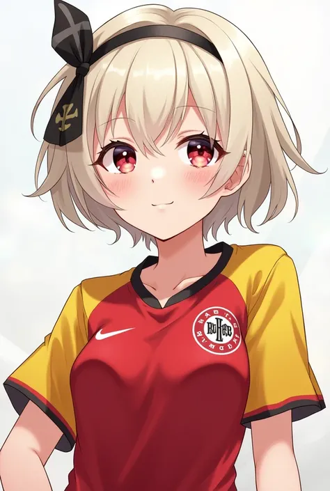   Azur lane Z23 is a girl of short stature and medium bust.  She has short platinum blonde hair with a black ribbon ,  with an iron cross motif , and she has piercing Violeta eyes ,  with a red and yellow Bayer Munich shirt 