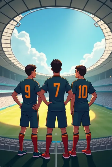 Nazmul, Rishad, and Mukto are three friends standing in the stadium. Their jersey numbers are 9, 7, and 10 respectively.