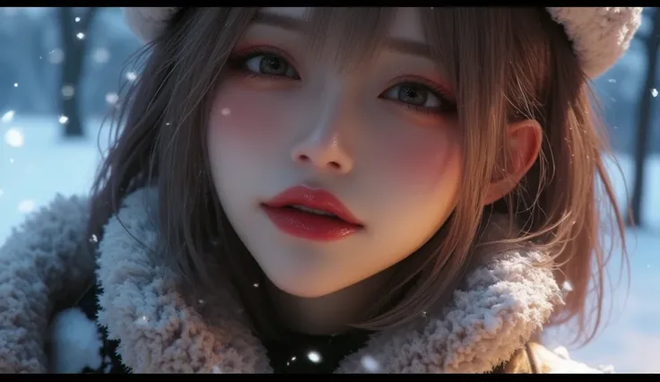 (masterpiece,  best image quality , 8k), Real photo,Idol appearance,  mature adult,  perfection of fashion,  Korean Makeup, Lip Tint,Outdoor, faint smile,Realistic, Solo, female,No hair accessories,초Realistic인, dramatic scene,Global Lighting, On a snowy ni...