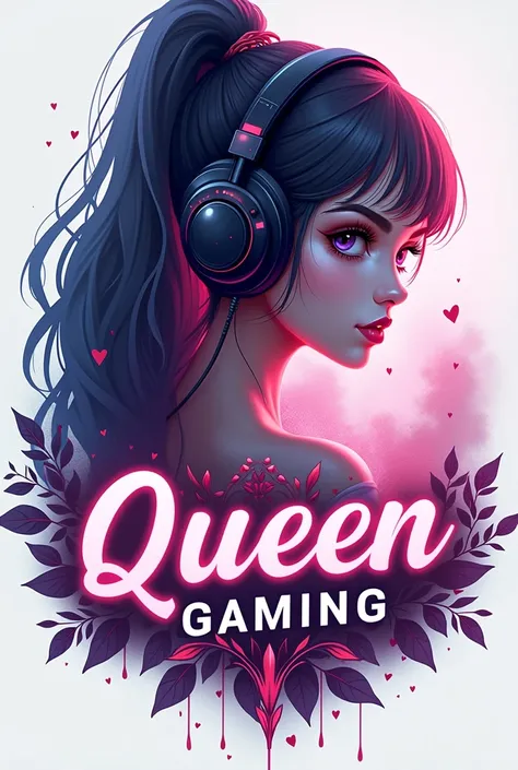 A gamer girl with above shoulder length hair, light skinned, wearing gaming headphones, facing sideview with the name Queen gaming. This should be a logo and there should be a crown at the end of the name queen. The girl must look femine and gentle but sex...