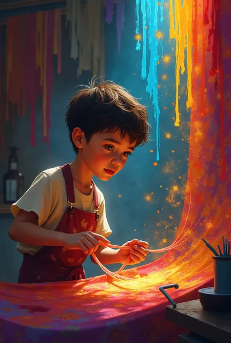 Draw a boy following colorful threads next to his father, a fabric dyer 