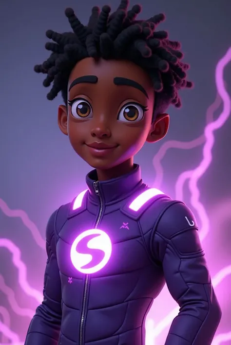 Disney cartoon style male character ,  internet technician jumpsuit with all-purple electricity protection and with the letter S in white printed on the chest, black skin, light brown eyes,  frizzy hair 