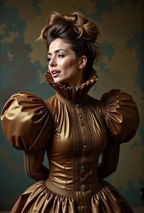 (realistic photograph close up sideways victorian) (a big bust slender waist pleased beautiful sexy looking woman having an orgasm with (hair bun)), (she is wearing (an exaggerated elaborate shiny high neck dress with (extremely big puff sleeves), (and a n...