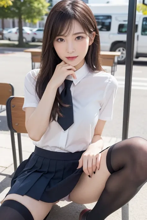 (((sexy-school uniform:1.5)))、((( shameful expression :1.5)))、((Kind Face:1.5))、((( open your legs wide:1.5)))、(((Touching the groin:1.5)))、(( raise skirt yourself :1.4))、(( hide panties with your hands :1.2))、(((Sexy knee-highs:1.35)))、(((Touching the thi...