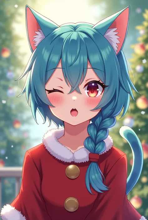 Cat boy anime, beautiful twink boy, cyan hair with one right braid male, Pulling down the lower eyelid, sticking out the tongue as if being naughty, wearing santa costume 