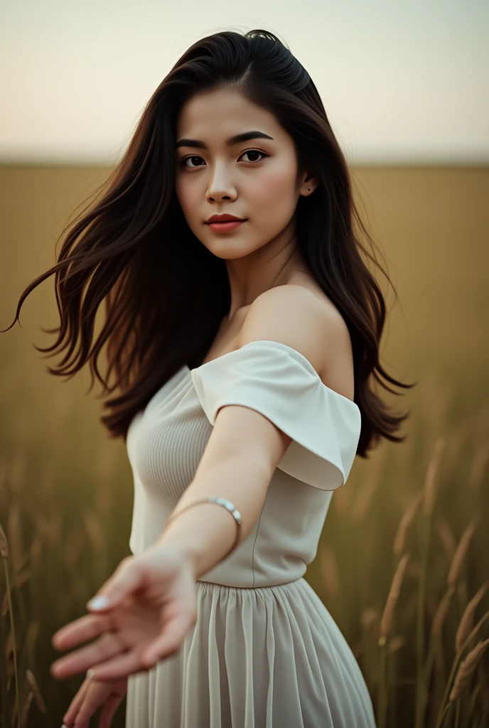 A young woman with dark, flowing hair, standing amidst a field of tall grasses. She wears a delicate, off-shoulder top and a translucent skirt. Her left hand is extended outward, and her gaze is directed towards the viewer. The background is bathed in a so...