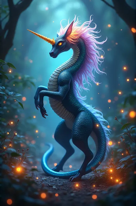 A mythical hybrid with the elongated, scaled body of a cobra and the mane, tail, and singular golden horn of a unicorn. It rears its upper body, revealing a brilliant iridescent hood with intricate patterns. The creature is in a mystical jungle surrounded ...